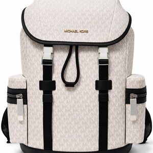 Michael Kors Cream Logo-Print Buckle Backpack with Black Accents